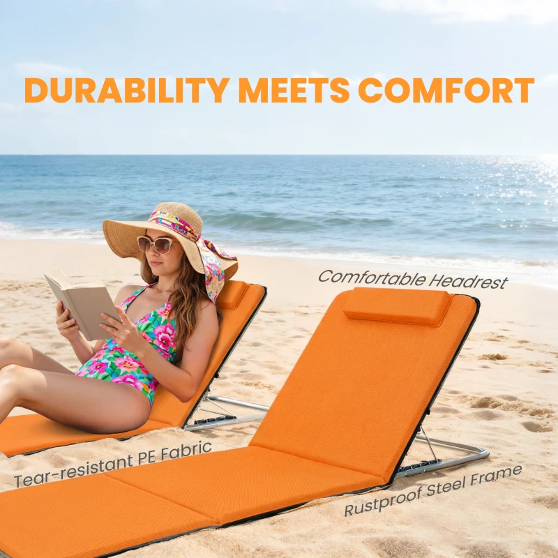 Outsunny Set of Two Metal Frame Beach Chairs, with Reclining Backs - Orange