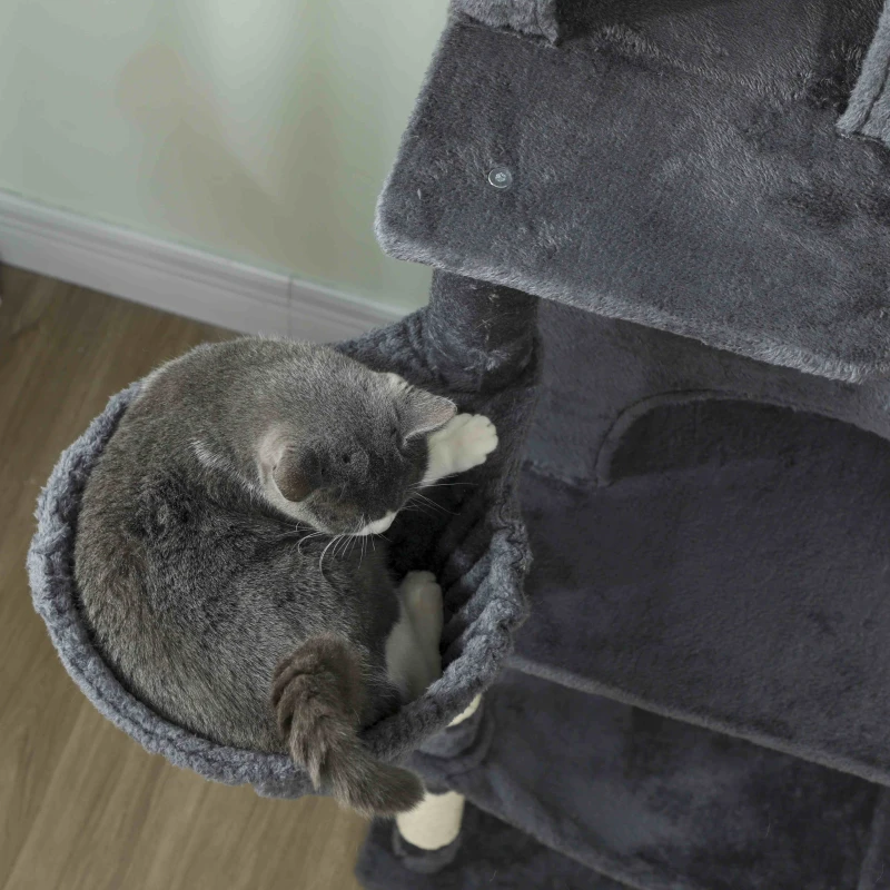 PawHut 202cm Large Cat Tree with 6 Scratching Posts, 2 Hammocks, 2 Condos, 2 Perches, Pompoms, for Indoor Cats to Rest and Play