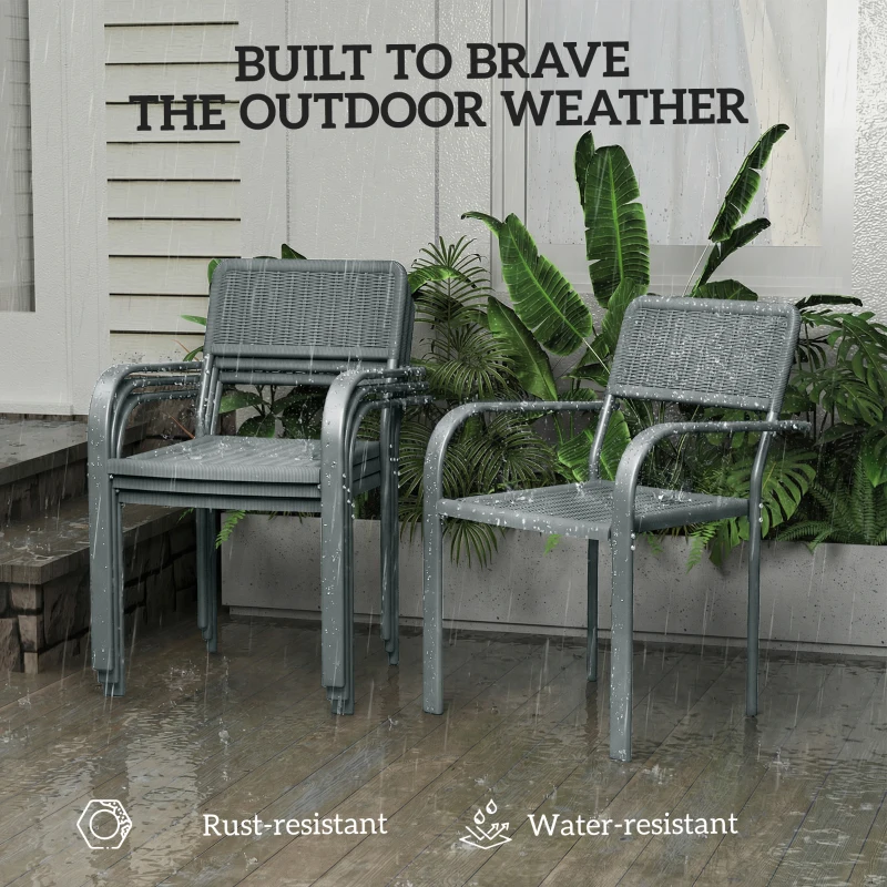 Outsunny Stackable Garden Chairs Set of 4, Rattan Effect Outdoor Dining Chairs, Light Grey