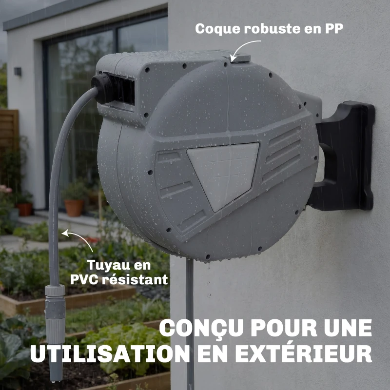 Outsunny Enrouleur Tuyau Arrosage Mural 40+2 m x Ø 15mm, Dévidoir de Tuyaux d'Eau Rétractable Automatique Pivotant à 180°, Gris