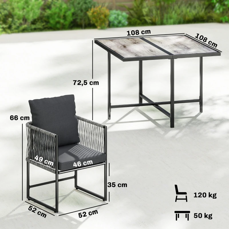 Outsunny Conjunto de Móveis de Jardim em Polirratã 5 peças Economiza Espaço com Mesa e 4 Cadeiras Tampo DPC Almofadas Cinza