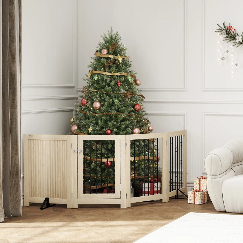 PawHut 4 Panel Freestanding Pet Gate, Indoor Dog Barrier with Lockable Door, Support Feet, 360° Flexible Hinges, Oak