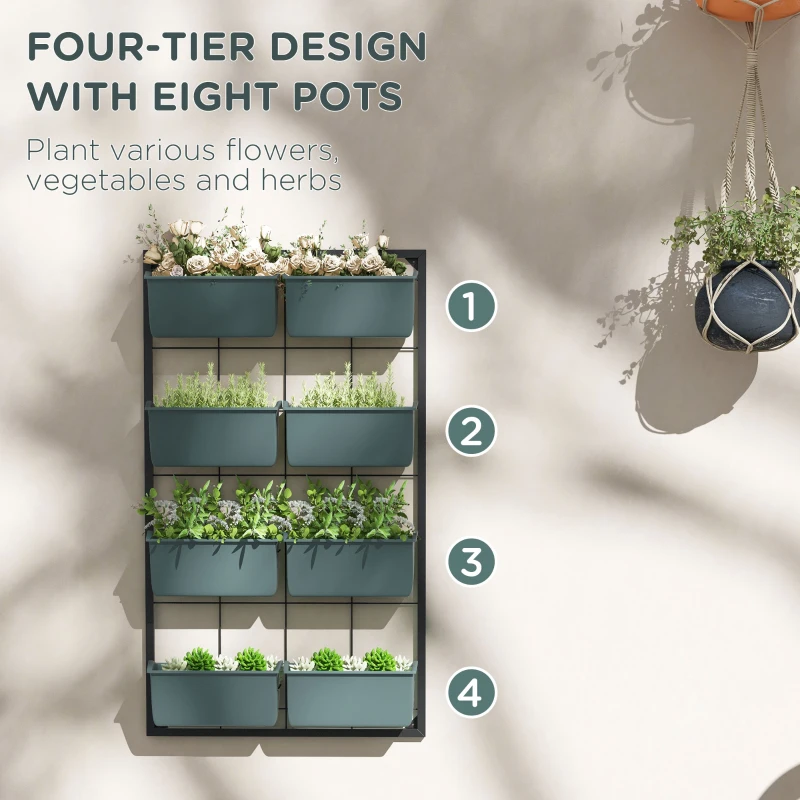 Outsunny Stolik na kwiaty z 8 skrzynkami do sadzenia, stosowalny, odporny na warunki atmosferyczne, 52,5 x 14 x 90 cm, Szary + Czarny
