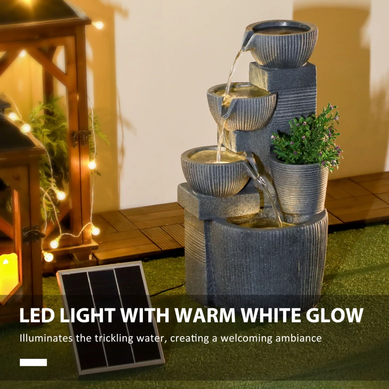 Outsunny Fontanna ogrodowa, w stylu naturalnego kamienia, 4-stopniowy, zasilana energią słoneczną, diody LED, 57 cm wysokość, ciemnoszary
