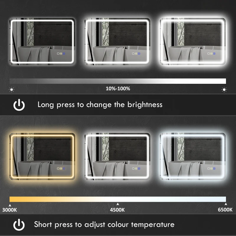 HOMCOM 500 x 700 mm Bluetooth Bathroom Mirror with LED Lights, Illuminated Backlit Wall Mounted Vanity Mirror with 3 Colours Dimmable, Anti-Fog, Memory & Touch Switch, IP44