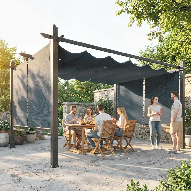 Outsunny 4 x 3 m Garden Pergola with Retractable Roof Canopy and Roll-Up Sides, Outdoor Gazebo Pergola Kit, Dark Grey