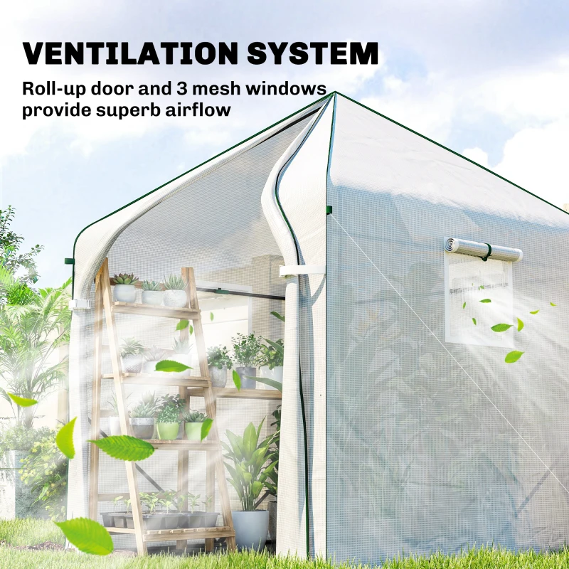 Outsunny Walk-in Greenhouse for Outdoors with Steel Frame, Large Plant House with Roll-up Door and PE Ground Cover, White