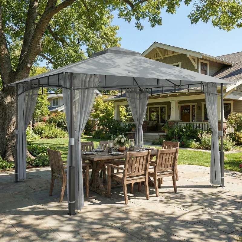 Outsunny Cort pentru Grădină cu Acoperiș Dublu Foișor cu Pereți din Plasă UPF50+ pentru Exterior Terasă 360x300x275 cm Gri