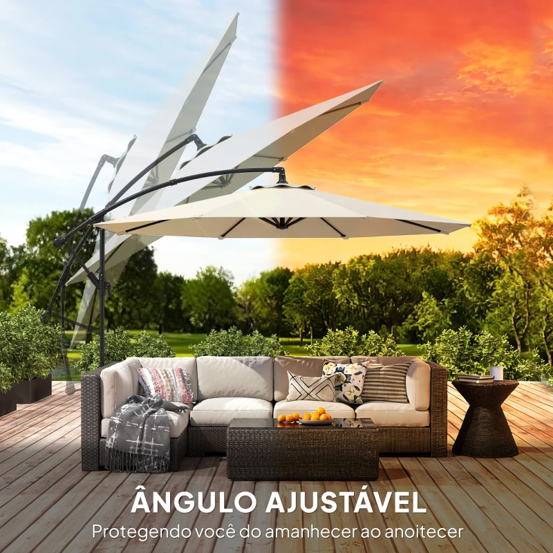 Outsunny Chapéu de Sol Excêntrico Ø300 cm com Base Cruzada Toldo Ajustável e Manivela UPF30+ para Terraço Pátio Creme
