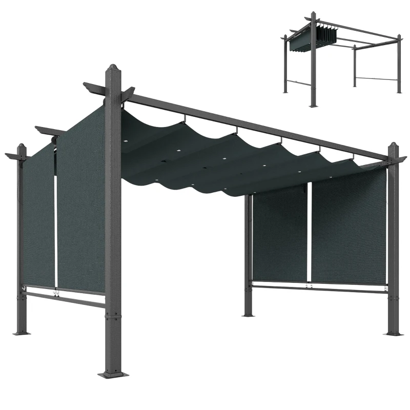 Outsunny 4 x 3 m Garden Pergola with Retractable Roof Canopy and Roll-Up Sides, Outdoor Gazebo Pergola Kit, Dark Grey
