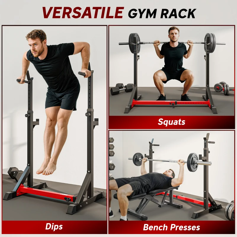 HOMCOM Stojak na sztangę, regulowany w wysokości stojak na sztangę, stojak na sztangę z gumowymi stopkami, 77-122 cm, do wyciskania na ławce, przysiadów, do 150 kg, stal, czerwono-czarny