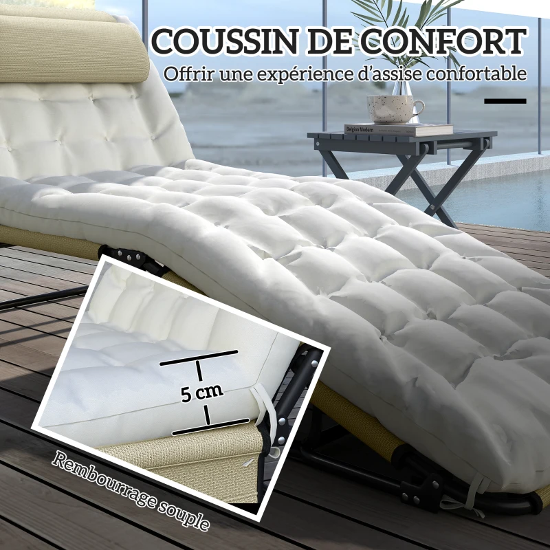 Outsunny Lot de 2 transats bains de soleil pliable avec dossier inclinable 4 positions - appui-tête et matelas épais beige