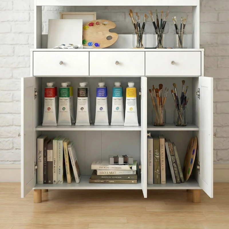 HOMCOM Biała szafka artystyczna 180cm – Witryna na dzieła i organizer do pracowni – Szkło, szuflada & regulowane półki – 100x40cm(m-10)