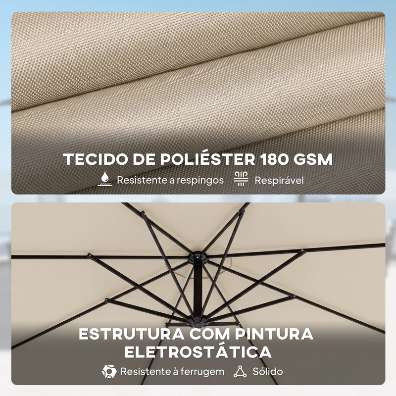 Outsunny Chapéu de Sol Excêntrico Ø300 cm com Base Cruzada Toldo Ajustável e Manivela UPF30+ para Terraço Pátio Creme