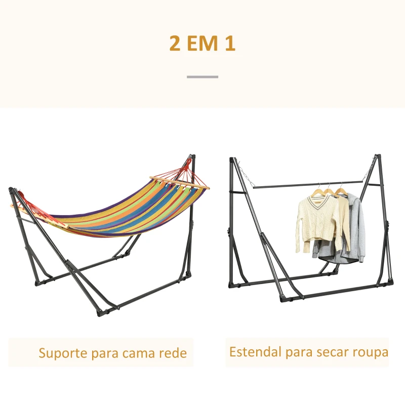 Outsunny Cama Rede com Suporte Dobrável 2 em 1 Estendal com Barra Estrutura de Aço para Jardim 270x100x94 cm Multicolor