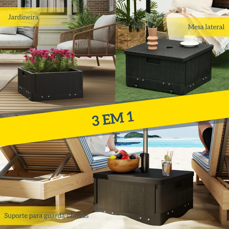 Outsunny Base para Chapéu de Sol  Exterior 3 em 1 Mesa Auxiliar Vaso com Drenagem Recarregável com Areia 80 kg Preto