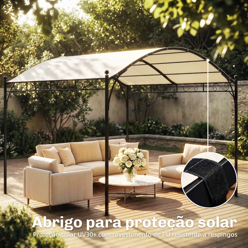 Outsunny Pérgola de Jardim 3x3 m com Toldo UV30+ Estrutura de Metal Galvanizado Telhado Arqueado Pérgola para Exterior Creme