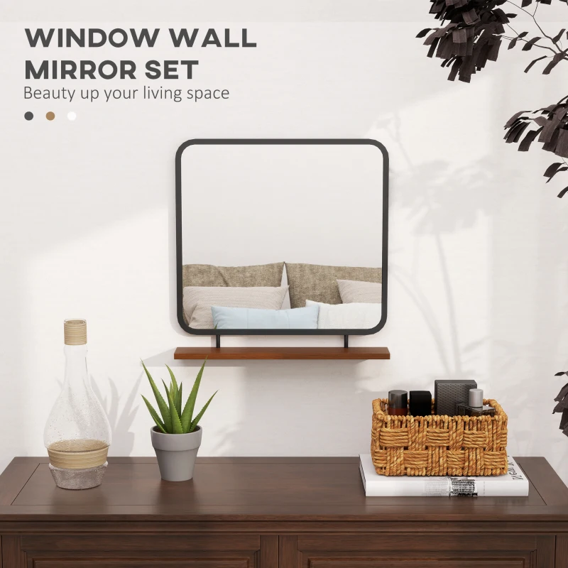 Lustro ścienne 55 x 55,5 cm z półką, czarne, drewniane