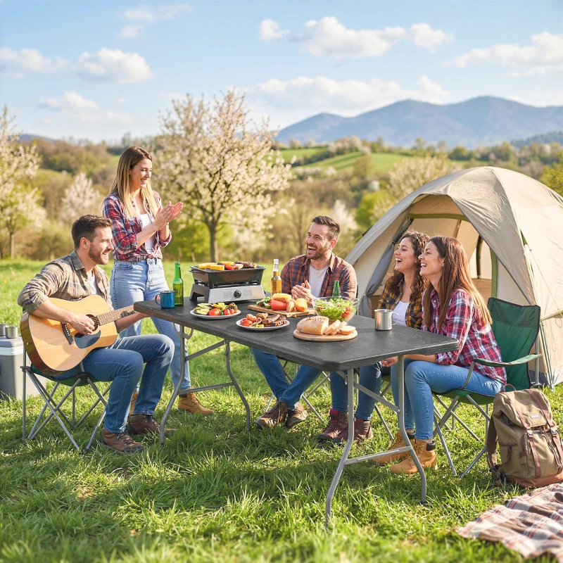 Outsunny Mesa plegable en HDPE mesa de camping plegable exterior con asa cubrepatas antideslizantes 180 x 74 x 74 cm, negro