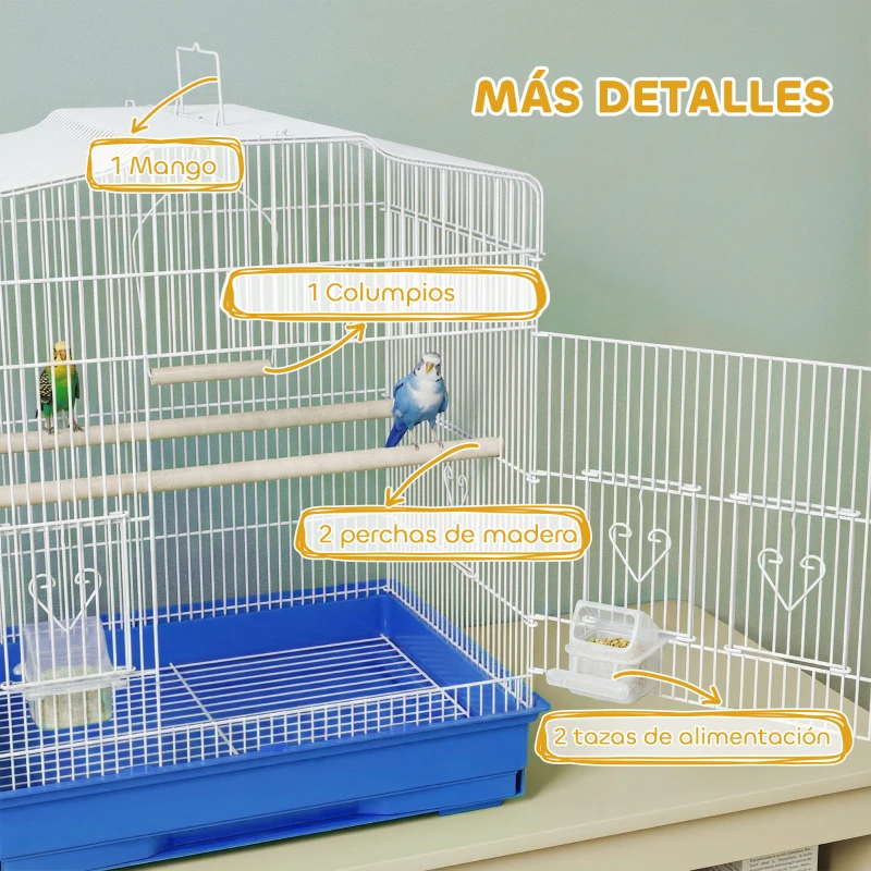 PawHut Jaula para Pájaros Pajarera de Acero con 2 Comederos 2 Perchas Columpio y Bandeja Extraíble Asa 46,5x36x59 cm Azul