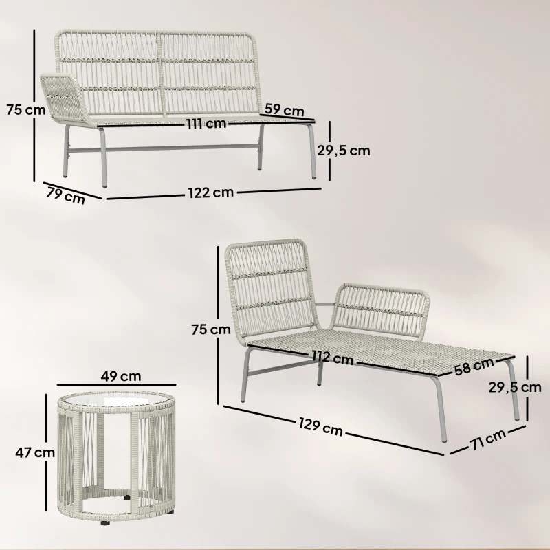 Outsunny Polyrattan Set de meubles de jardin 3 pièces, salon avec chaiselongue canapé 2 places table en verre coussins amovibles