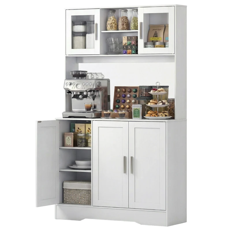 HOMCOM Szafka kuchenna, Design skandynawski, 4 szafki, Regulowane półki, Drzwi ze szkła, Otwarta przestrzeń, Płyta wiórowa, MDF, Biały(m-19)