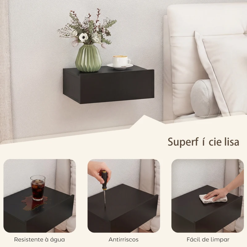 HOMCOM Conjunto de 2 Mesas de Cabeceira Flutuantes com 1 Gaveta para Quarto 40x30x15 cm Preto