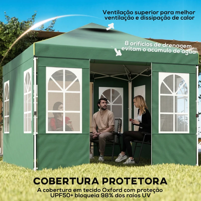 Outsunny Tenda Dobrável 3x3 m Pop-up com UPF50+ 4 Laterais Removíveis Altura Ajustável e Bolsa de Transporte Verde