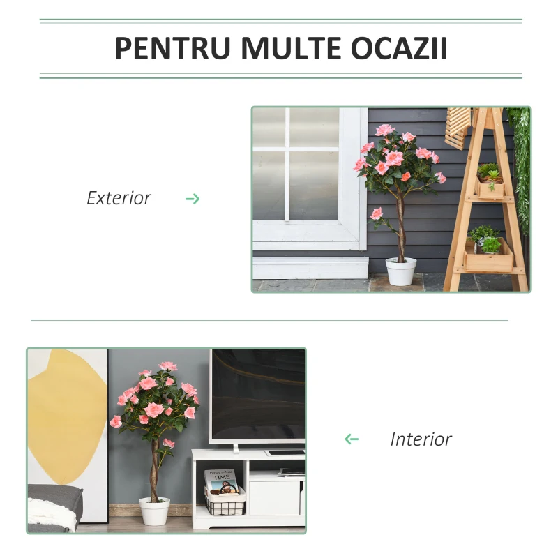 Outsunny Plantă Artificială de Trandafiri cu 21 de Flori, Ghiveci Umplut cu Ciment și Mușchi, Ø18x90 cm, Roz
