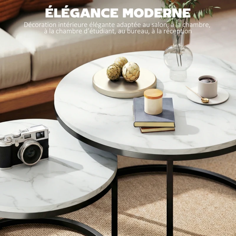 HOMCOM Lot de 2 tables basses gigognes empilable design industriel pieds en métal blanc