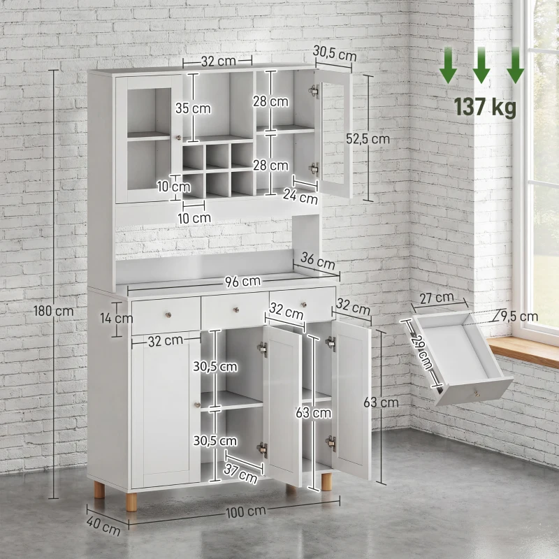 HOMCOM Biała szafka artystyczna 180cm – Witryna na dzieła i organizer do pracowni – Szkło, szuflada & regulowane półki – 100x40cm(m-4)