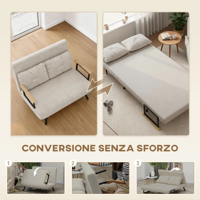 HOMCOM Divano Letto 3 in 1 in Tessuto Effetto Velluto con Schienale Regolabile e 2 Cuscini, 102x73x81 cm, Beige
