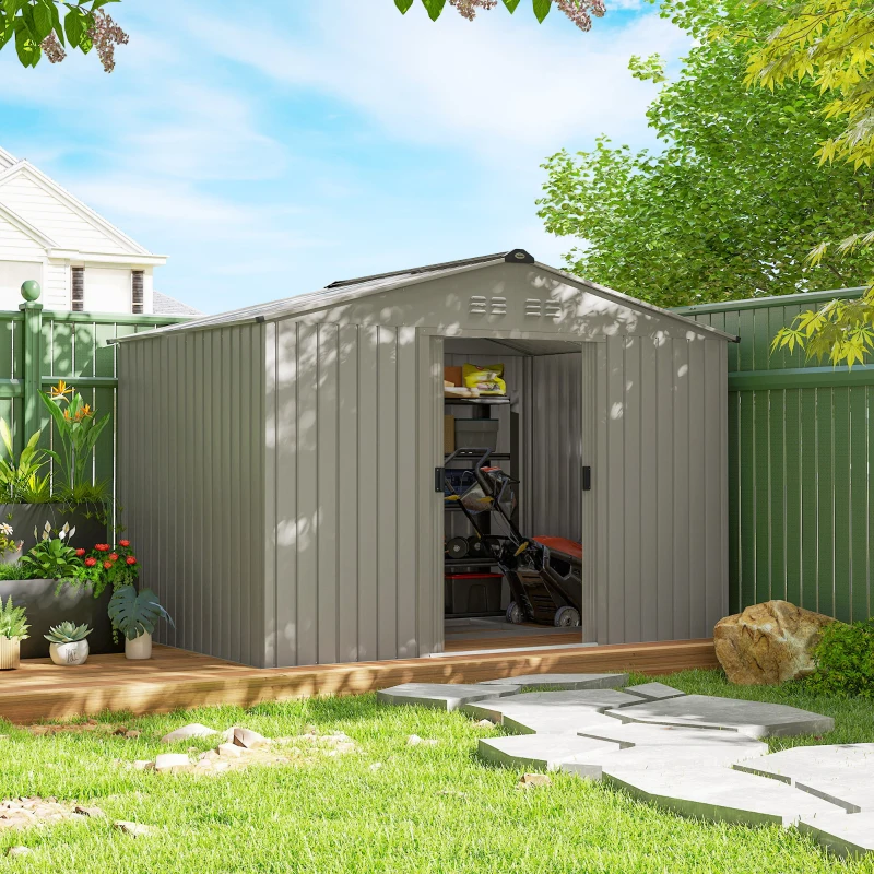 Outsunny Garden Storage Shed, Metal Outdoor Storage Shed House with Foundation Kit, Ventilation, Doors, 9 x 6FT, Grey
