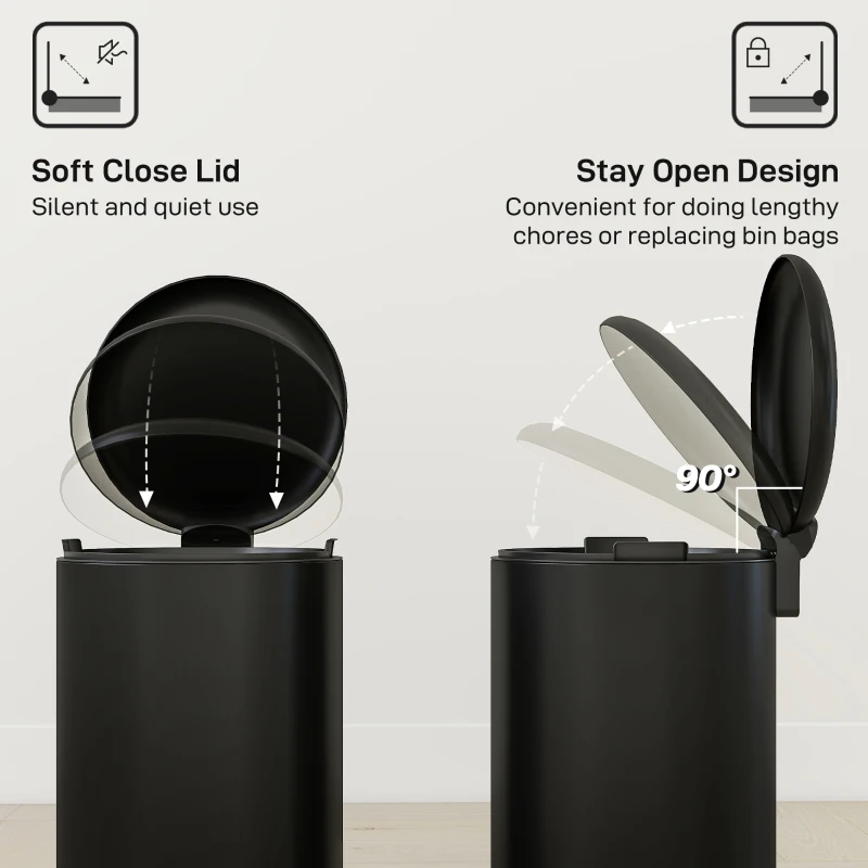 HOMCOM 20-Litrowy Kosz Kuchenny, Odporny na Odciski Palców Metalowy Kosz z Pokrywką Soft-Close, Pedałem Nożnym i Wyjmowanym Wkładem, Czarny