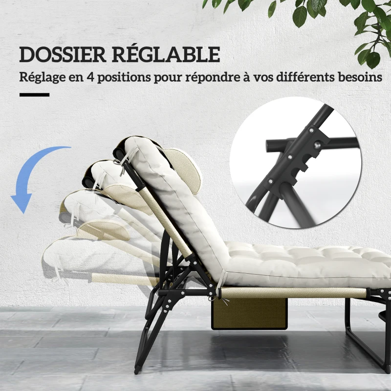 Outsunny Lot de 2 transats bains de soleil pliable avec dossier inclinable 4 positions - appui-tête et matelas épais beige