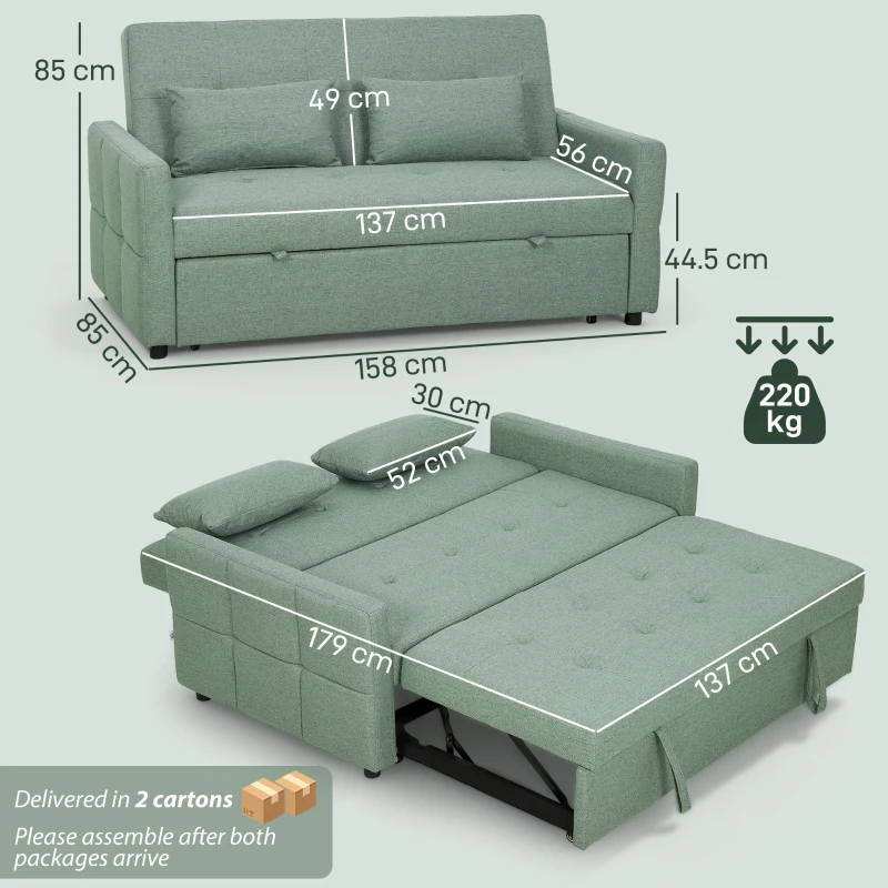 HOMCOM Three-Way 2 Seater Sofa Bed with Three-position back and Two Soft Pillows - Green