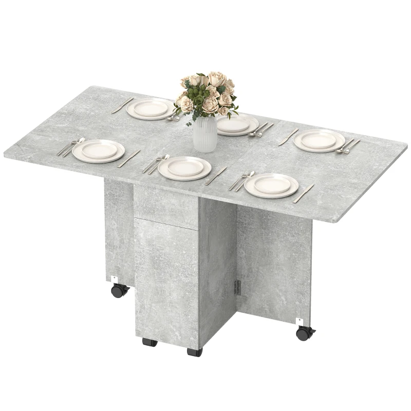 HOMCOM Mesa Plegable con Hojas Abatibles, Cajones, 6 Ruedas, Gris Cemento