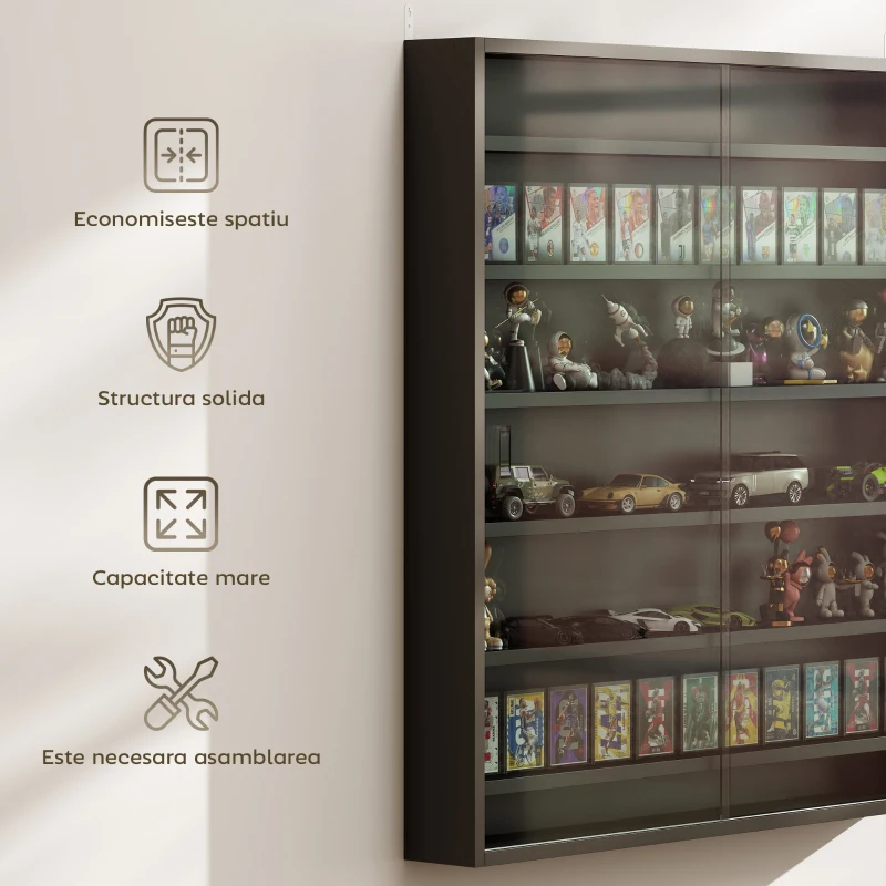 HOMCOM Vitrină de Expoziție cu 6 Rafturi Reglabile și uși din sticlă, 80x9.5x83 cm, din Sticlă și PAL, Negru