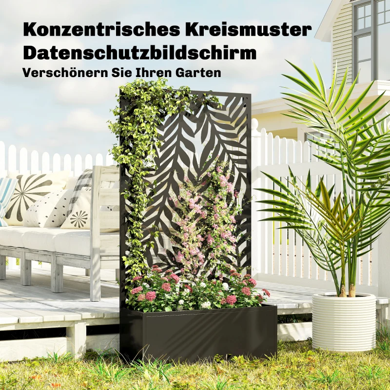 Outsunny Plantenbak met Privacy Scherm en Klimrek Tropische Bladmotieven 61 x 23 x 113 cm Zwart
