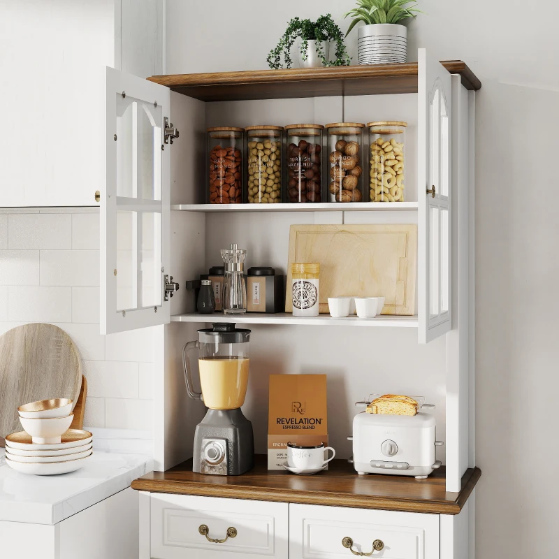 HOMCOM Szafka kuchenna z 2 szufladami, wysoki szafką z otwartą półką, szafka z witryną i funkcją Soft-Close do salonu, kuchni, 76 x 38 x 182 cm, biały(m-12)