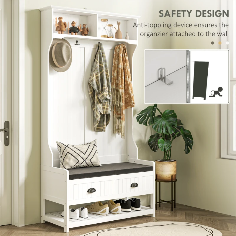 HOMCOM 2 w 1 wieszak na ubrania, wieszak na ubrania z 4 wieszakami, garderoba z ławką na buty i półkami, wieszak na ubrania z zabezpieczeniem antyprzechyleniowym, do przedpokoju, korytarza, sypialni, biały + szary