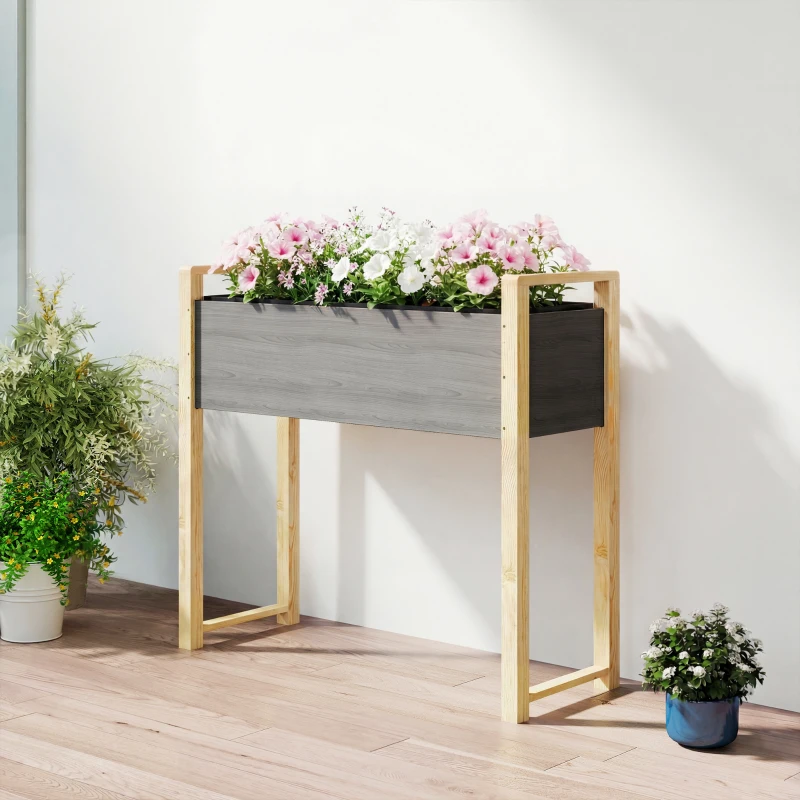 Outsunny Canteiro em Madeira Maciça Canteiro de Plantio Estufa Canteiro de Jardim Caixa de Flores para Trepadeiras Flores 98x37x90 cm Cinza+Madeira natural
