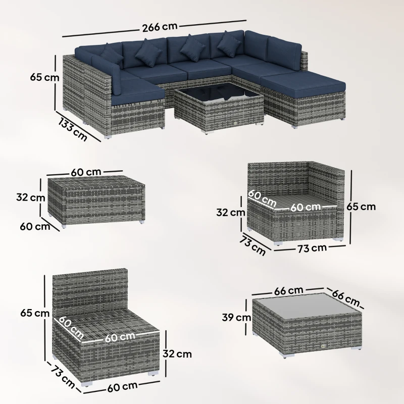 Outsunny 8 Pieces PE Rattan Corner Sofa Set, Outdoor Garden Furniture Set, Patio Wicker Sofa Seater w/ Cushion, Dark Blue