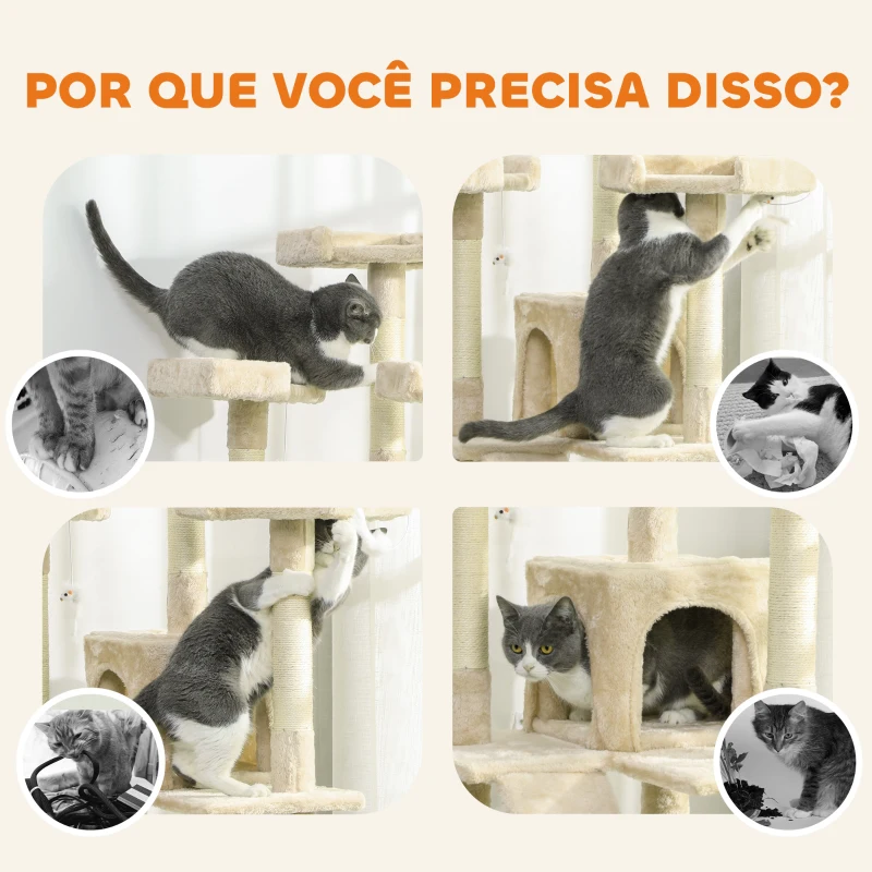 PawHut Arranhador para Gatos Arranhador de Gatos 153 cm com 2 Cavernas 3 Camas 2 Rampas Postes de Sisal e 2 Ratos Pendentes Bege