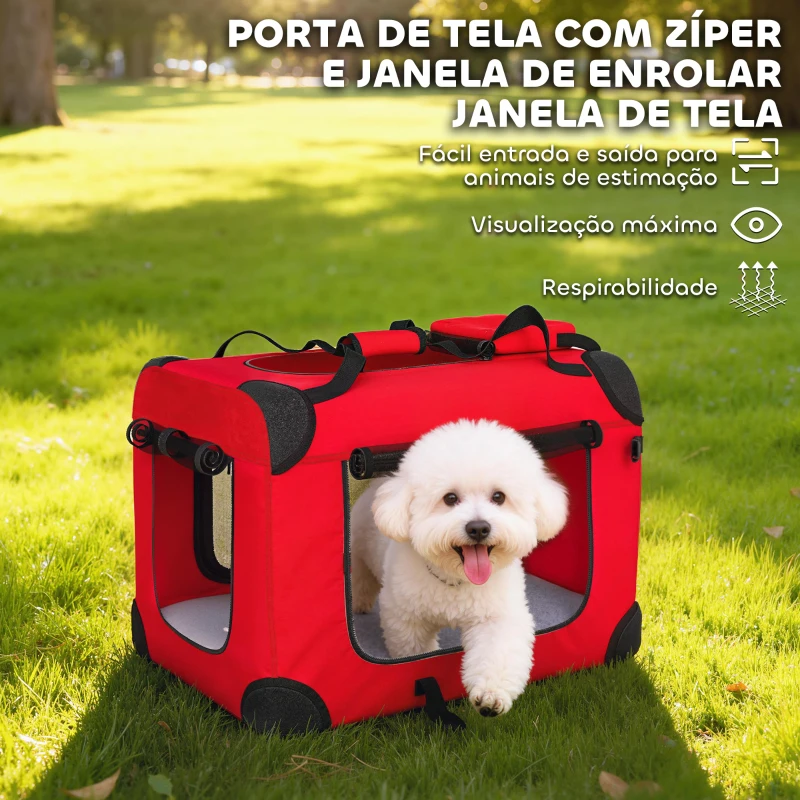 PawHut Transportadora Dobrável para Cães 60x41,5x41 cm com Janelas de Rede, Almofada Macia e 2 Alças para Mini Cães e Gatos Vermelho