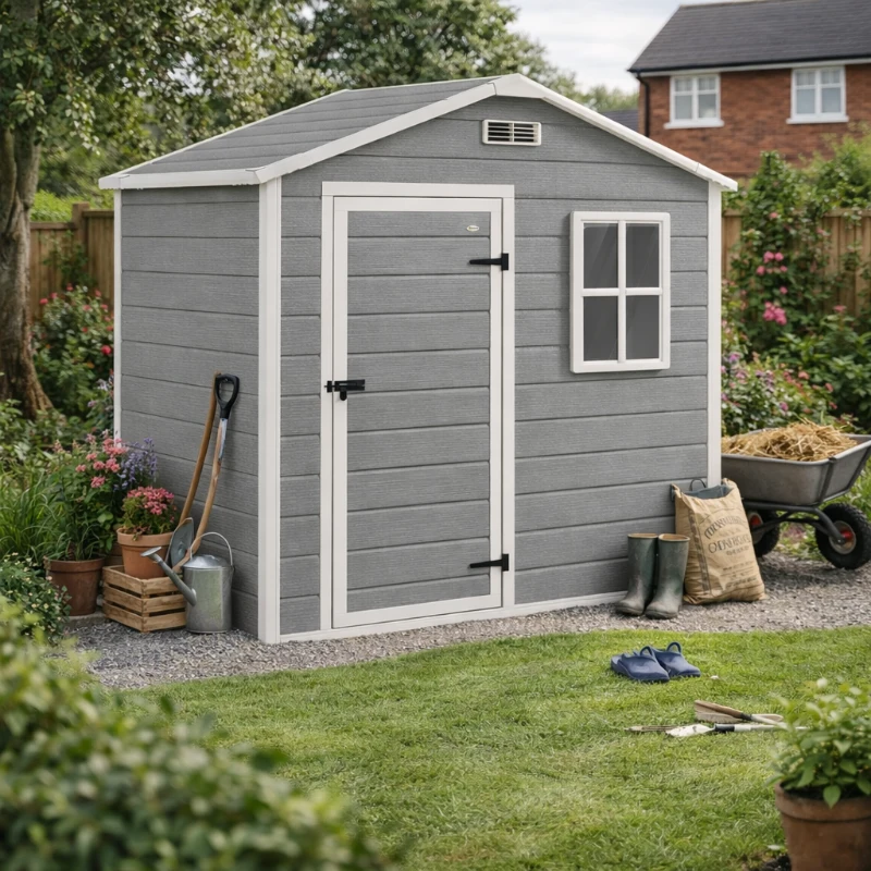 Outsunny 6 x 4ft Plastic Shed with Floor, Wood Effect Resin Garden Shed with Window, Lockable Door, Lock and Keys, Vents, All Weather Resistant for Outdoor, Patio, Lawn, Grey
