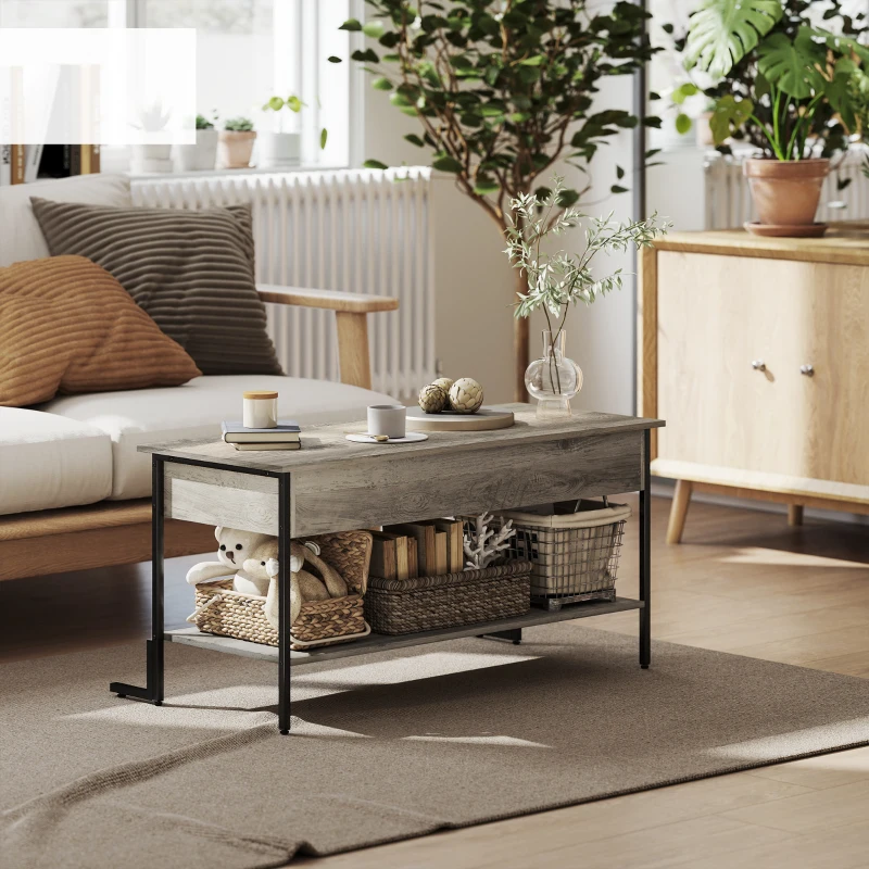 HOMCOM Table basse avec plateau relevable, table de salon avec compartiment caché et étagère ouverte, 95x40x59cm, gris