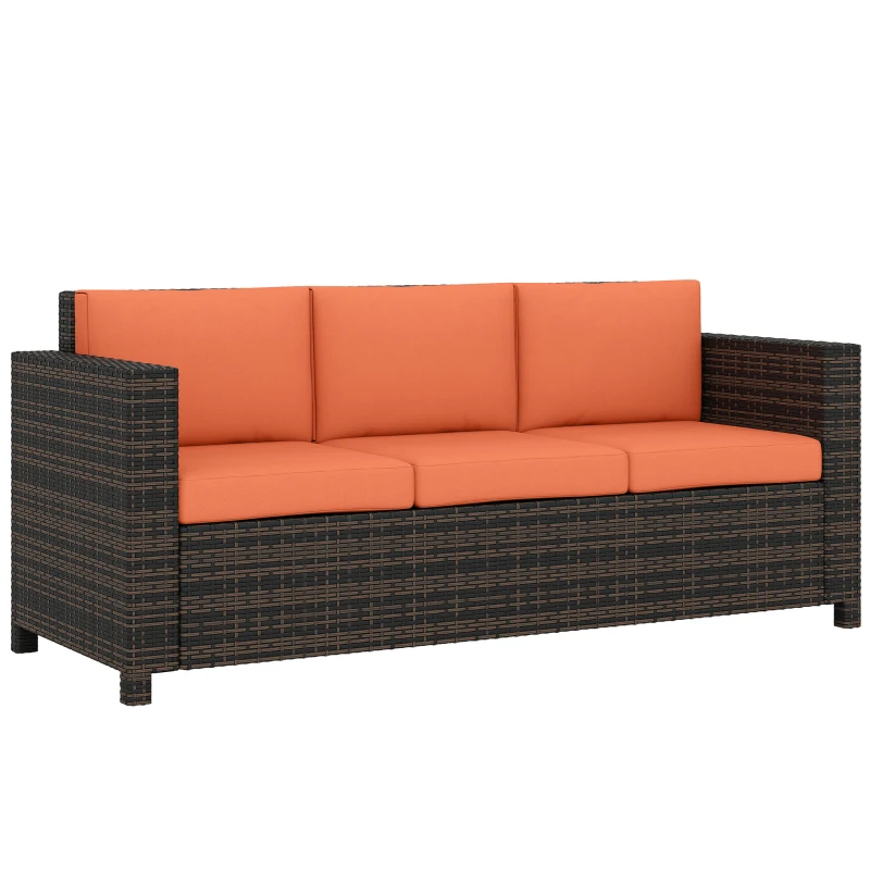 Outsunny 3 Seater Rattan Sofa All-Weather Wicker Weave Metal Frame Chair with Fire Resistant Cushio-Orange