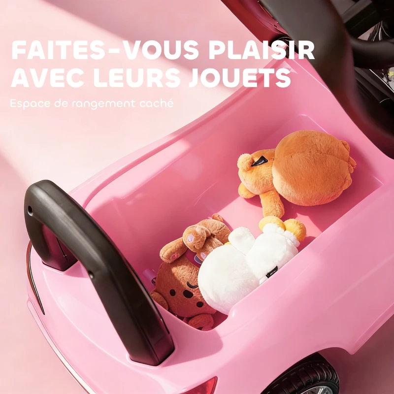 HOMCOM Porteur enfants voiture, véhicule à pousser avec coffre à jouets, klaxon, phares et musique, 63,5 x 28 x 36 cm, rose