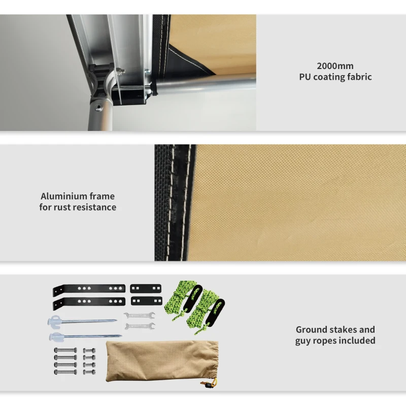 Outsunny Markiza boczna samochodowa, regulowana wysokość, 160 x 250 x 125-225 cm, Khaki
